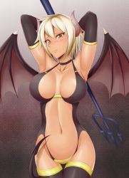 Rule 34 | 1girl, armpits, arms behind head, arms up, bare shoulders, bat wings, black gloves, black thighhighs, blazblue, blonde hair, blush, bodysuit, breasts, breasts apart, brown background, bullet (blazblue), center opening, choker, cleavage, closed mouth, collarbone, cowboy shot, demon girl, demon horns, demon tail, demon wings, elbow gloves, embarrassed, facial mark, gloves, gradient background, grey background, groin, halterneck, highleg, highleg leotard, highres, hip focus, holding, holding weapon, horns, large breasts, leotard, looking at viewer, navel, parted bangs, polearm, raised eyebrows, revealing clothes, revision, scar, scar on face, scar on nose, shaito, short hair, simple background, solo, standing, stomach, tail, thigh gap, thighhighs, trident, wavy mouth, weapon, white hair, wings, yellow eyes