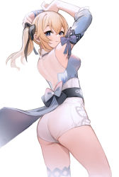 Rule 34 | 1girl, absurdres, arms up, ass, black bow, blonde hair, blue bow, blue eyes, bow, breasts, closed mouth, commentary, cowboy shot, detached sleeves, from behind, genshin impact, hair between eyes, hair bow, highres, jean (genshin impact), jean (sea breeze dandelion) (genshin impact), long hair, long sleeves, looking at viewer, looking back, medium breasts, nagata gata, official alternate costume, shorts, side ponytail, simple background, smile, solo, standing, thigh strap, thighs, white background, white shorts
