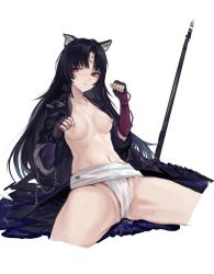 Rule 34 | 1girl, animal ear fluff, animal ears, architecture, arknights, black hair, blush, breasts, fundoshi, japanese clothes, medium breasts, muscular, navel, nipples, open clothes, partially visible vulva, saga (arknights), sawkm, simple background, solo, spread legs, white background