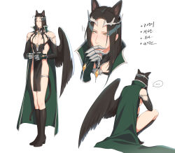Rule 34 | ..., 1boy, absurdres, animal ears, arm tattoo, armlet, bare shoulders, black footwear, black gloves, black hair, black socks, black wings, blush, breastless clothes, brooch, cape, cat ears, cat tail, circlet, copyright request, covering own mouth, detached sleeves, embarrassed, facing away, flying sweatdrops, frown, gauntlets, gloves, green cape, highres, iceblock (ilhgns), jewelry, kneehighs, long hair, looking at viewer, looking away, male focus, multiple views, pelvic curtain, revealing clothes, shoes, sideways glance, simple background, single wing, socks, spoken ellipsis, squatting, standing, straight hair, tail, tattoo, thighlet, white background, wings, yellow eyes