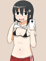 Rule 34 | 1girl, aiu1, arms up, bikini, bikini top only, black bikini, black eyes, blush, breasts, clothes lift, commentary request, flower, gym shorts, hair between eyes, hair flower, hair ornament, hairclip, hands up, holding, holding phone, lifted by self, light brown background, looking at viewer, navel, nervous smile, open mouth, original, panties, panty peek, phone, pink panties, red shorts, shirt lift, short sleeves, shorts, simple background, small breasts, smile, solo, sweatdrop, swimsuit, underwear