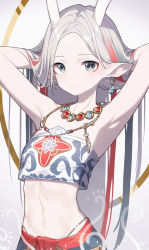 Rule 34 | 1girl, a deer of nine colors, absurdres, antlers, arknights, arm up, armpits, arms up, beudelb, black eyes, closed mouth, crop top, earrings, forehead, grey hair, hands in hair, highres, horns, jewelry, long hair, looking at viewer, multicolored hair, navel, necklace, nine-colored deer, pointy ears, simple background, smile, solo, stomach, strapless, streaked hair, tube top, two-tone hair, upper body, very long hair, white background