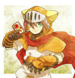 Rule 34 | 1990s (style), 1boy, adeu warsam, armor, brown hair, cape, card, elbow gloves, gloves, green eyes, haou taikei ryuu knight, helmet, holding, holding card, irouha, male focus, sheath, sheathed, shoulder pads, smile, solo, sword, weapon