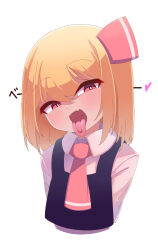 Rule 34 | 1girl, ascot, black vest, blonde hair, collared shirt, fang, hair ribbon, head tilt, heart, heart-shaped pupils, highres, long sleeves, looking at viewer, open mouth, oyatu potage, red ascot, red eyes, red ribbon, ribbon, rumia, shirt, short hair, simple background, skin fang, solo, symbol-shaped pupils, tongue, tongue out, touhou, upper body, vest, white background, white shirt