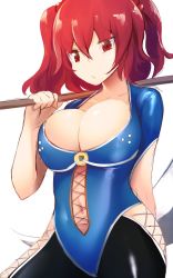 Rule 34 | 1girl, :/, adapted costume, amekosame, bad id, bad twitter id, breasts, cleavage, cowboy shot, hair bobbles, hair ornament, highres, large breasts, looking at viewer, navel, one-hour drawing challenge, onozuka komachi, over shoulder, red eyes, red hair, short hair, short sleeves, skin tight, solo, touhou, twintails, two side up, weapon, weapon over shoulder