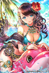 Rule 34 | 1girl, armlet, bare shoulders, beach, between breasts, blue eyes, blue sky, bracelet, breasts, brown hair, cleavage, day, earrings, esphy, flower, glasses, hair flower, hair ornament, hoshi no rebellion, inflatable dolphin, inflatable toy, jewelry, large breasts, long hair, official art, palm tree, sky, smile, splashing, sunlight, swimsuit, thighlet, tree, very long hair