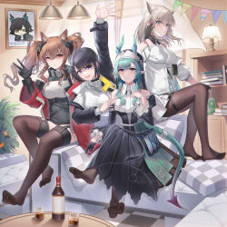 Rule 34 | 4girls, absurdres, angelina (arknights), angelina (endfield) (arknights), animal ears, arknights, arknights: endfield, arm up, bird ears, black gloves, black hair, black jacket, black pantyhose, black skirt, black thighhighs, blonde hair, blue eyes, blue hair, book, bookshelf, bottle, brown hair, crystal horns, dragon girl, dragon horns, dragon tail, dress, endministrator (arknights), female endministrator (arknights), fox ears, fox girl, gloves, hair between eyes, hand up, highres, horns, indoors, jacket, lamp, layered sleeves, long hair, looking at viewer, mouth hold, multiple girls, no shoes, off shoulder, one eye closed, open clothes, open jacket, orange eyes, pantyhose, perlica (arknights), picture frame, plant, potted plant, red jacket, ribbed sweater, shirt, skirt, sweater, tail, thigh strap, thighhighs, twintails, white dress, white shirt, white sweater, wuren, xaihi (arknights)