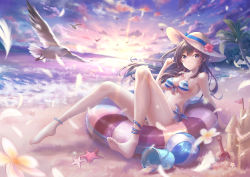 Rule 34 | 1girl, absurdres, anklet, arm up, ball, bare legs, barefoot, beach, beachball, bikini, bird, breasts, brown eyes, brown hair, bucket, cloud, expressionless, feathers, flower, hair blowing, hat, hat flower, highres, innertube, jewelry, lens flare, long hair, long legs, looking at viewer, medium breasts, mountain, navel, ocean, original, palm tree, ribbon, rj (lingshih10), sand, sand castle, sand sculpture, seagull, shell, shovel, sideboob, sitting, sky, solo, starfish, straw hat, striped bikini, striped clothes, summer, sun hat, sunset, swim ring, swimsuit, thighs, toes, tree