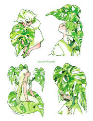 Rule 34 | 2boys, 2girls, androgynous, artist name, collage, dress, green dress, green hair, green hoodie, green shirt, green theme, holding, holding plant, hood, hoodie, ink (medium), leaf, light frown, long hair, looking down, looking up, maruti bitamin, monstera deliciosa, multiple boys, multiple girls, on leaf, original, painting (medium), plant, red eyes, shirt, short hair, simple background, sitting, sleeveless, sleeveless dress, smile, traditional media, watercolor (medium), white background, white hair