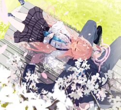 Rule 34 | 1boy, 1girl, ahoge, aji aji nori, bench, black footwear, blue archive, blue footwear, blue necktie, cherry blossoms, closed eyes, clothes grab, collared shirt, double-parted bangs, falling petals, formal, from above, grey pants, grey skirt, grey suit, halo, highres, hoshino (blue archive), id card, kneehighs, long hair, long sleeves, lying, necktie, no gloves, on back, on bench, open mouth, outdoors, pants, petals, pink hair, plaid, plaid skirt, puffy long sleeves, puffy sleeves, sensei (blue archive), shirt, sitting, skirt, socks, strap, suit, very long hair, white shirt, white socks