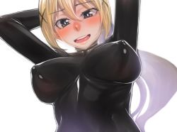 Rule 34 | 10s, 1girl, arms up, blonde hair, blush, bodysuit, breasts, covered erect nipples, darkness (konosuba), green eyes, h kasei, hair ornament, impossible bodysuit, impossible clothes, kono subarashii sekai ni shukufuku wo!, large breasts, latex, latex suit, long hair, looking at viewer, open mouth, ponytail, shiny clothes, sketch, skin tight, smile, solo, white background, x hair ornament