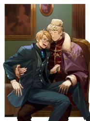 Rule 34 | 2boys, ^ ^, alternate universe, america (hetalia), axis powers hetalia, blonde hair, blue eyes, blue necktie, blue suit, buttons, capelet, closed eyes, formal, fur-trimmed jacket, fur-trimmed sleeves, fur trim, glasses, hand around waist, hand on another&#039;s leg, hat, indoors, jacket, multiple boys, necktie, nervous smile, official alternate costume, open mouth, portrait (object), purple capelet, russia (hetalia), sitting, sitting on person, sleeve cuffs, smile, suit, surprised, throne, to@st, yaoi