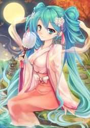 Rule 34 | 1girl, aqua eyes, aqua hair, autumn leaves, bad id, bad pixiv id, blush, breasts, bug, butterfly, chuushuu meigetsu miku, closed mouth, floral print, flower, from side, full moon, glowing butterfly, goushou, grass, hair flower, hair ornament, hand fan, hatsune miku, holding, holding fan, insect, japanese clothes, kimono, long hair, long sleeves, looking at viewer, looking to the side, medium breasts, moon, night, night sky, paper fan, partially submerged, river, rock, sitting, sky, smile, solo, tree, twintails, uchiwa, very long hair, vocaloid, wide sleeves