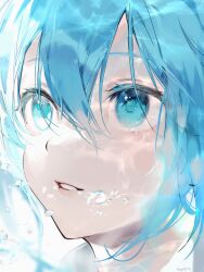 Rule 34 | 1girl, ame929, artist name, blue eyes, blue hair, collared shirt, commentary, hair between eyes, hatsune miku, highres, lips, long hair, looking up, shirt, simple background, solo, teeth, twintails, underwater, upper body, vocaloid, water, water drop, white background, white shirt, wing collar