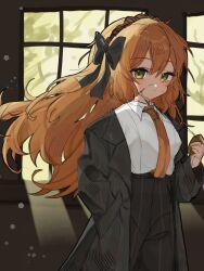 1girl black_bow black_coat black_pants blood blood_on_face blush bow bygone_days_(e.g.o) coat collared_shirt cowboy_shot e.g.o_(project_moon) green_eyes hair_bow hand_in_pocket highres holding_pendant ishmael_(project_moon) limbus_company long_hair looking_at_viewer necktie necktie_tucked_into_waistband open_clothes open_coat orange_hair orange_necktie pants pinstripe_coat pinstripe_pants pinstripe_pattern project_moon shirt solo white_shirt window yukinatomi