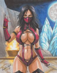 Rule 34 | 1girl, 2023, abs, arm up, armlet, artist name, bare shoulders, black hair, black nails, breasts, cleavage, clothing cutout, colored sclera, commission, elbow gloves, face mask, female focus, fire, gloves, highres, holding, holding weapon, ice, large breasts, leotard, long hair, mask, mileena (mortal kombat), moon, mortal kombat (series), nail polish, navel, night, outdoors, ravernclouk design, red gloves, red leotard, red mask, red sclera, revealing clothes, sai (weapon), solo, traditional media, weapon, yellow eyes