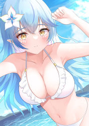Rule 34 | 1girl, absurdres, bikini, blue hair, blush, breasts, cleavage, closed mouth, cloud, collarbone, day, flower, hair flower, hair ornament, halterneck, hand up, hibiscus, highres, hololive, large breasts, long hair, navel, ocean, onabe no shime, pointy ears, sky, smile, solo, string bikini, sunlight, swimsuit, upper body, virtual youtuber, water, white bikini, white flower, yellow eyes, yukihana lamy