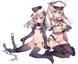 Rule 34 | 10s, 2girls, anchor, bikini, bikini under clothes, black bikini, blonde hair, blue eyes, breasts, capelet, clothes pull, cropped jacket, garrison cap, gloves, graf zeppelin (kancolle), hat, kantai collection, kureaki (exit), large breasts, long hair, long sleeves, looking at viewer, military, military uniform, multiple girls, pantyhose, pantyhose pull, peaked cap, puffy long sleeves, puffy sleeves, simple background, swimsuit, swimsuit under clothes, thighhighs, twintails, u-511 (kancolle), uniform