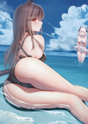 Rule 34 | 2girls, absurdres, animal ears, arknights, artist logo, artist name, ass, bare legs, bare shoulders, bikini, black bikini, blue sky, blush, breast hold, breasts, brown hair, cat ears, cat girl, cat tail, cleavage, cloud, collarbone, day, ear piercing, feet out of frame, highres, horizon, horns, innertube, jean.organ, kneepits, large breasts, long hair, lying, medium breasts, mudrock (arknights), multiple girls, ocean, on side, open mouth, outdoors, parted lips, piercing, red eyes, shallow water, sideboob, sky, skyfire (arknights), solo focus, swim ring, swimsuit, tail, wading, water, white bikini, white hair