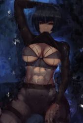 Rule 34 | 1girl, abs, absurdres, arm on own head, black bra, black hair, black shirt, blue background, blue theme, bra, brown eyes, clothes in mouth, clothes lift, glowing, glowing eyes, high-waist pantyhose, highres, lifted by self, looking at viewer, mouth hold, naughty face, painting (medium), pantyhose, persona, persona 5, shirt, shirt in mouth, shirt lift, short hair, takemi tae, traditional media, underwear, watercolor (medium), yellow eyes, zaki (zaki btw)