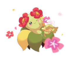 Rule 34 | bellossom, blush, closed mouth, comfey, commentary request, creatures (company), closed eyes, flower, game freak, gen 2 pokemon, gen 7 pokemon, green eyes, highres, looking at viewer, nintendo, one eye closed, open mouth, pokemon, pokemon (creature), simple background, smile, usoko (sani ma ru), white background
