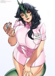 Rule 34 | 1girl, artist name, badge, black hair, braid, breasts, character name, cowboy shot, dragon girl, dragon horns, dragon tail, dress, gutsumi, hand on own thigh, head tilt, highres, holding, holding syringe, horns, large breasts, leaning forward, liza (nonmonster cafe), long hair, looking at viewer, nurse, open mouth, pink dress, pointy ears, reaching, reaching towards viewer, revision, russian text, ryu&#039;s nonmonster cafe, scales, short dress, short sleeves, single braid, single horn, slit pupils, standing, syringe, tail, white background, yellow eyes