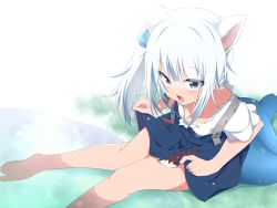 Rule 34 | 1girl, animal ears, barefoot, blue skirt, cat ears, cube hair ornament, downblouse, from above, gawr gura, gawr gura (casual), hachi (chihagura), hair ornament, highres, hololive, hololive english, looking at viewer, looking up, open mouth, shirt, short sleeves, side ponytail, silver hair, skirt, solo, sweat, virtual youtuber, white shirt