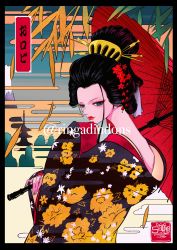 Rule 34 | 1girl, absurdres, black border, blue eyes, border, eyeshadow, female focus, floral print, flower, hair flower, hair ornament, highres, holding, holding umbrella, japanese clothes, kanzashi, kimono, looking at viewer, looking to the side, makeup, nico robin, nihongami, one piece, sherumaru (korcht06), smile, solo, twitter username, umbrella, upper body, wide sleeves