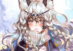 Rule 34 | 1girl, animal ear fluff, animal ears, arknights, bead necklace, beads, black cloak, black hair, braid, circlet, cloak, closed mouth, commentary, english commentary, eyelashes, grey eyes, hair between eyes, jewelry, leopard ears, lips, long hair, looking at viewer, multicolored hair, necklace, portrait, pramanix (arknights), ribbed sweater, side braids, silver hair, solo, streaked hair, sweater, turtleneck, turtleneck sweater, twin braids, twitter username, two-tone hair, white sweater, wind, yamoo (oyakorodesu)