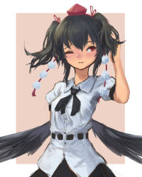 Rule 34 | 1girl, ;3, alternate hairstyle, arm at side, arm up, belt, black bow, black bowtie, black hair, black skirt, black wings, blush, border, bow, bowtie, buttons, closed mouth, collared shirt, dress shirt, feathered wings, hair ribbon, hand in own hair, hat, long neck, looking away, looking to the side, low wings, one eye closed, outside border, pink background, puffy short sleeves, puffy sleeves, red eyes, red hat, red ribbon, ribbon, roke (taikodon), shameimaru aya, shirt, short hair, short sleeves, sidelocks, simple background, skirt, solo, tokin hat, touhou, twintails, upper body, white border, white shirt, wing collar, wings