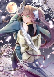 Rule 34 | 1girl, absurdres, brown hair, cherry blossoms, doki doki literature club, fox mask, green eyes, highres, long hair, looking at viewer, looking back, mask, mi tarou0412, monika (doki doki literature club), moon, ponytail, solo, sword, weapon