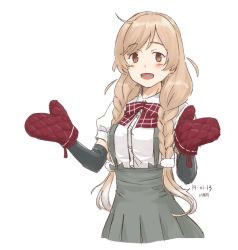 Rule 34 | 1girl, arm warmers, artist name, bow, bowtie, braid, cowboy shot, dated, hair over shoulder, kantai collection, kawashina (momen silicon), light brown hair, long hair, minegumo (kancolle), oven mitts, plaid, plaid bow, plaid bowtie, plaid neckwear, pleated skirt, red bow, red bowtie, red eyes, school uniform, shirt, short sleeves, simple background, skirt, solo, suspender skirt, suspenders, twin braids, white background, white shirt