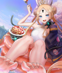 Rule 34 | 1girl, abigail williams (fate), abigail williams (swimsuit foreigner) (fate), abigail williams (swimsuit foreigner) (second ascension) (fate), bare shoulders, black cat, blonde hair, blue eyes, braid, braided bun, breasts, cat, double bun, dress swimsuit, fate/grand order, fate (series), feet, forehead, hair bun, hat, highres, keyhole, legs, long hair, mitre, one-piece swimsuit, parted bangs, setta shu, sidelocks, sitting, small breasts, swimsuit, toes, twintails, very long hair, white headwear, white one-piece swimsuit