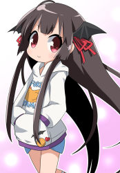 Rule 34 | 1girl, bat wings, black wings, blue shorts, blush, brown hair, character name, closed mouth, clothes writing, commentary request, fukuyama (oshiro project), hair ribbon, hands in pocket, head wings, hood, hood down, hoodie, long hair, long sleeves, osaragi mitama, oshiro project:re, red eyes, red ribbon, ribbon, short shorts, shorts, sidelocks, smile, solo, v-shaped eyebrows, very long hair, white hoodie, wings