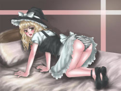 Rule 34 | 1girl, all fours, ass, bed, blonde hair, blush, female focus, full body, hat, kirisame marisa, legs, long hair, looking back, open mouth, panties, pillow, ribbon, solo, striped clothes, striped panties, touhou, underwear, witch hat