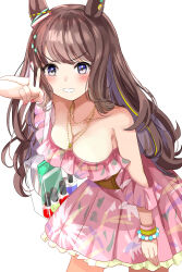 1girl animal_ears bare_shoulders bead_bracelet beads blue_eyes blush bracelet breasts brown_hair cleavage collarbone commentary_request corset cowboy_shot dress fingernails hair_between_eyes hair_down hair_ornament hanamura_pink highres horse_ears horse_girl horse_tail jewelry long_hair looking_at_viewer medium_breasts necklace off-shoulder_dress off_shoulder official_alternate_costume official_alternate_hairstyle petticoat pink_dress simple_background smile solo tail tosen_jordan_(aurore_vacances)_(umamusume) tosen_jordan_(umamusume) umamusume v white_background wristband