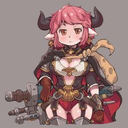 Rule 34 | 1girl, blush, breasts, brown gloves, cape, cleavage, closed mouth, cow horns, cropped legs, draph, earrings, es (eisis), garter straps, gloves, granblue fantasy, grey background, highres, horns, jewelry, large breasts, looking at viewer, pink hair, pointy ears, sheath, sheathed, short hair, simple background, solo, sturm (granblue fantasy), sword, weapon