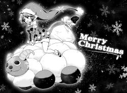 Rule 34 | 1girl, :3, :d, doreking, doremy sweet, dress, from side, full body, greyscale, hat, merry christmas, monochrome, nightcap, off-shoulder dress, off shoulder, open mouth, pom pom (clothes), sack, sheep, short hair, sitting, smile, snowflakes, tail, tanasuke, tapir tail, touhou