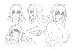 Rule 34 | 1girl, annerose vajra, breasts, character sheet, concept art, cropped torso, crossed arms, embarrassed, female focus, greyscale, hair between eyes, hair intakes, koutetsu no majo annerose, koutetsu no majo anneroze, large breasts, lilith-soft, lineart, long hair, looking at viewer, monochrome, multiple views, nipples, open mouth, pointy ears, portrait, simple background, tongue, tongue out, upper body, white background