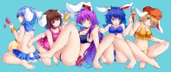 Rule 34 | 5girls, ;), absurdres, alternate costume, animal ears, bare legs, barefoot, bikini, breasts, choker, cleavage, collarbone, commentary request, food, frilled bikini, frilled choker, frills, full body, highres, ice cream, inaba tewi, ishimu, knees together feet apart, large breasts, long hair, looking at another, looking at viewer, low twintails, medium breasts, multiple girls, navel, one eye closed, parted lips, popsicle, rabbit ears, red eyes, reisen, reisen udongein inaba, ringo (touhou), scrunchie, seiran (touhou), short hair, sitting, smile, stomach, swimsuit, touhou, trait connection, twintails, wrist scrunchie
