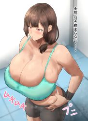 Rule 34 | 1girl, bare shoulders, bike shorts, blush, breasts, brown hair, cleavage, dumbbelldore, from above, highres, huge breasts, low tied hair, original, red eyes, sports bra, sweat, tile floor, tiles, translated, wristband