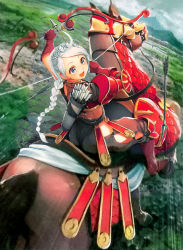 Rule 34 | 1girl, ahoge, armor, arrow (projectile), ass, barding, bare shoulders, boots, bow (weapon), braid, buttons, drooling, fire emblem, fire emblem cipher, fire emblem fates, grass, hairband, highres, holding, holding bow (weapon), holding weapon, horseback riding, kuno genki, looking to the side, nintendo, official alternate costume, official art, open mouth, outdoors, parted bangs, quiver, riding, shoulder armor, third-party source, twin braids, weapon, white hair, white hairband