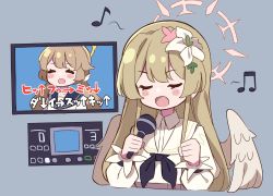 Rule 34 | 2girls, blue archive, blush, brown hair, commentary, english commentary, closed eyes, flower, grey background, hair flower, hair ornament, halo, happy, hifumi (blue archive), highres, karaoke, light brown hair, long hair, microphone, multiple girls, music, musical note, nagisa (blue archive), open mouth, school uniform, singing, television, uhouhogorigori