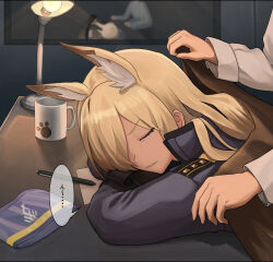 Rule 34 | 1girl, 1other, aisumegane, animal ear fluff, animal ears, blanket, blonde hair, blue archive, blue shirt, blush, closed eyes, commentary request, cup, desk lamp, dog ears, dog girl, elbows on table, hair over one eye, head rest, highres, holding, holding blanket, indoors, kanna (blue archive), lamp, mug, paper, parted bangs, parted lips, pen, picture frame, police, police uniform, policewoman, shirt, sleeping, speech bubble, translation request, uniform, unworn armband, white shirt