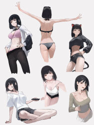 Rule 34 | 1girl, absurdres, animal ears, ass, bikini, black bikini, black hair, black pantyhose, black shorts, black sweater, bra, breasts, brown eyes, brown shirt, camisole, cat ears, cleavage, cropped sweater, dolphin shorts, eyewear on head, facial mark, grin, highres, large breasts, mac star, multiple views, navel, open mouth, original, panties, pantyhose, pink bra, pink panties, shirt, shorts, simple background, smile, star (symbol), star facial mark, sunglasses, sweater, swimsuit, underwear, white background, white camisole, white shirt