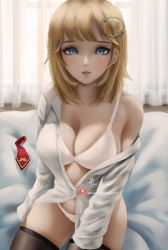Rule 34 | 1girl, artist request, blonde hair, blue eyes, blush, breasts, cleavage, highres, hololive, hololive english, holomyth, large breasts, looking at viewer, no pants, panties, parted lips, sitting, solo, source request, tagme, thighhighs, thighs, underwear, virtual youtuber, watson amelia