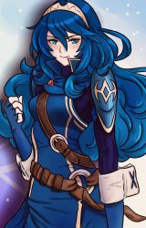Rule 34 | 1girl, armor, blue eyes, blue gloves, blue hair, clenched hand, closed mouth, fingerless gloves, fire emblem, fire emblem awakening, fire emblem heroes, gloves, hair between eyes, high collar, highres, johncaden, looking at viewer, lucina (fire emblem), nintendo, shoulder armor, smile, solo, standing, strap, tiara, wrist cuffs