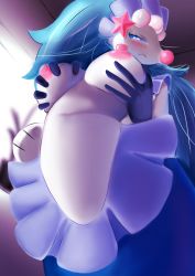 Rule 34 | 1girl, absurdres, animal hands, animal nose, blue hair, blue sclera, blue skin, blush, breasts, closed mouth, colored sclera, colored skin, creatures (company), female focus, frills, from below, furry, game freak, gen 7 pokemon, grabbing, grabbing another&#039;s breast, half-closed eyes, highres, large breasts, long hair, looking down, mermaid, monster girl, multicolored skin, navel, nintendo, nipples, pearl hair ornament, pokemon, pokemon (creature), primarina, sideways mouth, snout, solo focus, starfish hair ornament, stomach, two-tone skin, upper body, usamimi (umisag85rabb99), white eyes, white skin