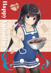 Rule 34 | &gt;:), 1girl, ahoge, black hair, black pantyhose, blue dress, blue eyes, blue hair, blush, bowl, brown shirt, chocolate, closed mouth, commentary request, dress, frilled dress, frills, gradient hair, gyozanuko, happy valentine, highres, hinatsuru ai, holding, holding bowl, long hair, long sleeves, looking at viewer, low twintails, mixing bowl, multicolored hair, pantyhose, ryuuou no oshigoto!, shirt, sidelocks, sleeveless, sleeveless dress, smile, solo, spatula, twintails, valentine, very long hair
