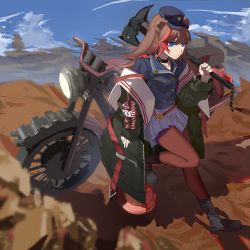 Rule 34 | 1girl, animal ears, arknights, axe, bear ears, black collar, black footwear, black jacket, blue eyes, blue headwear, blue skirt, boots, brown hair, chinese commentary, collar, commentary request, fire hydrant, full body, hat, headlight, highres, holding, holding axe, hongbaise raw, jacket, long hair, looking at viewer, motor vehicle, motorcycle, multicolored hair, official alternate costume, open clothes, open jacket, outdoors, pantyhose, pleated skirt, red hair, red pantyhose, skirt, standing, streaked hair, zima (arknights), zima (ready to go) (arknights)
